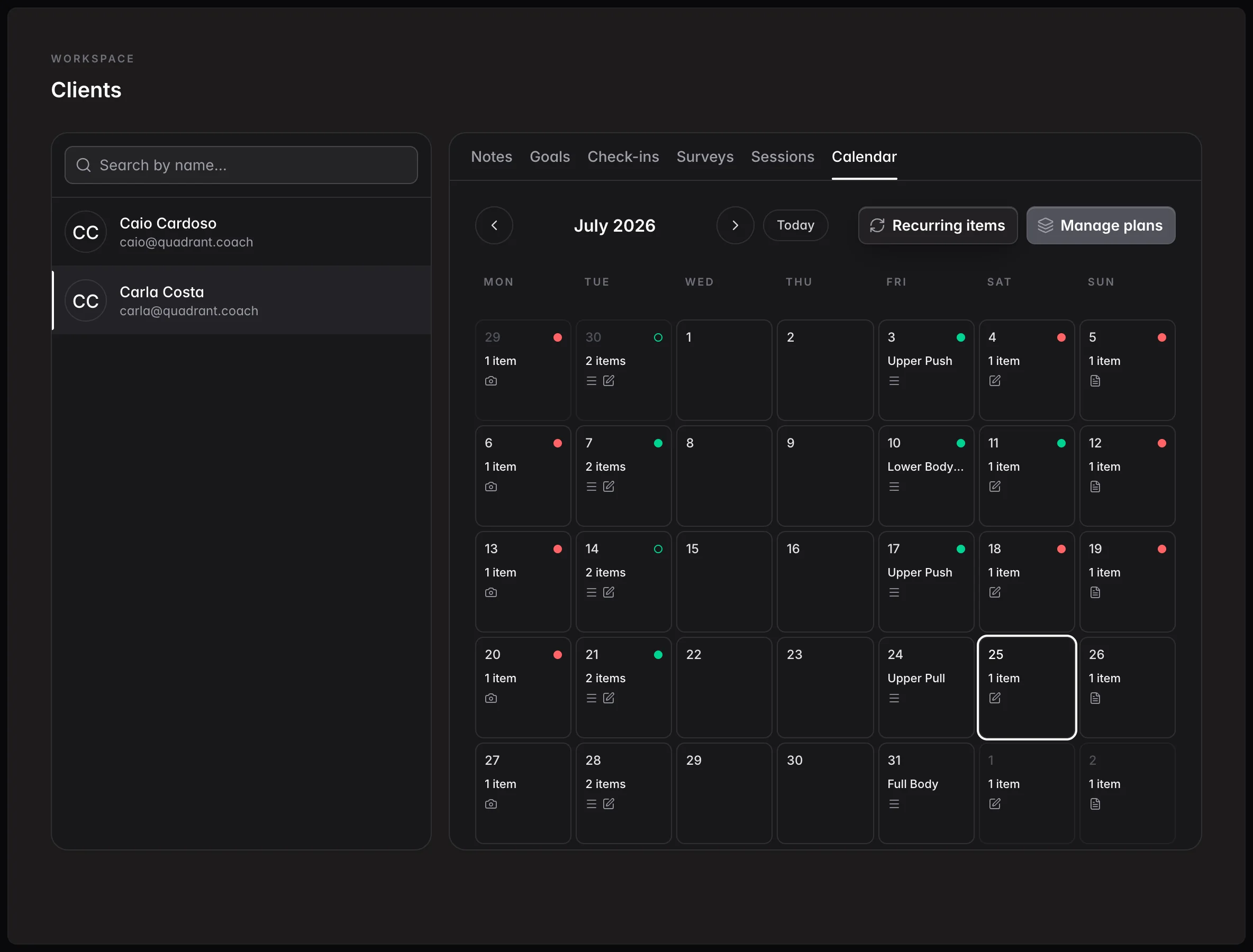 A client's monthly calendar with workouts, tasks and check-ins scheduled across July.